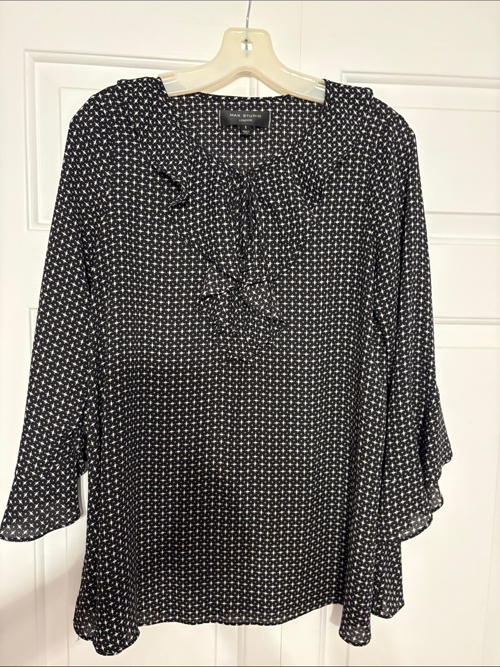 Maggy London Black and White Ruffle Tie Geometric Blouse